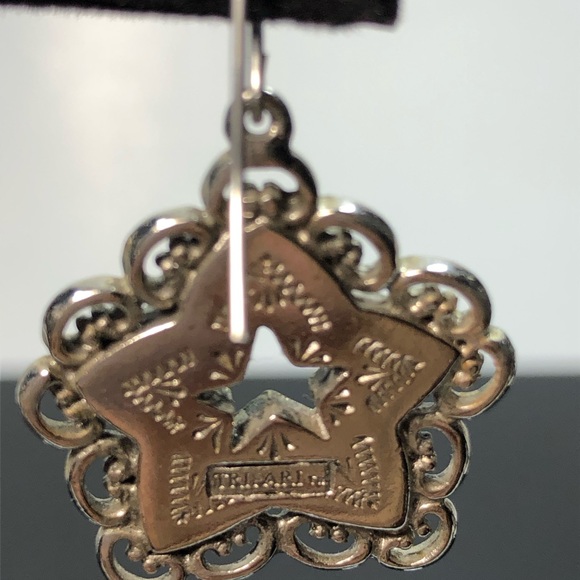 Trifari Dark Silver Tone Star Dangle Pierced Earrings with Turquoise Chip Enlay - Picture 7 of 10